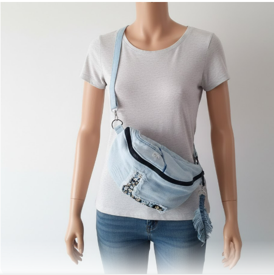 Sac Banane Upcycling Jean & Porte-clé Plume