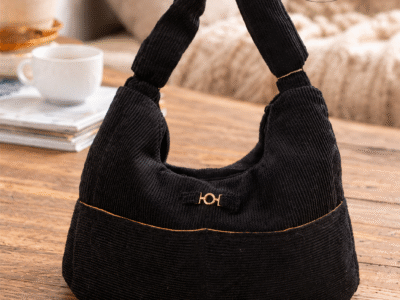 Sac Hobo Velours Côtelé Noir & Doublure Moutarde