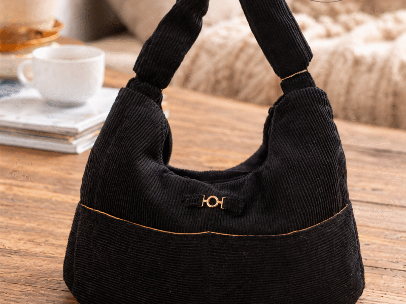 Sac Hobo Velours Côtelé Noir & Doublure Moutarde