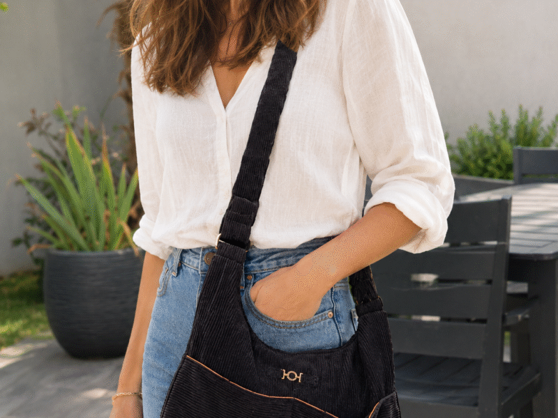 Sac Hobo Velours Côtelé Noir & Doublure Moutarde