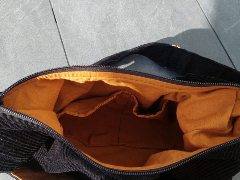 Sac Hobo Velours Côtelé Noir & Doublure Moutarde