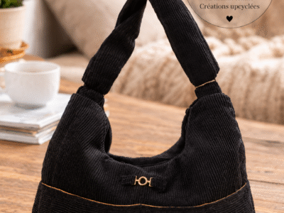 Sac Hobo Velours Côtelé Noir & Doublure Moutarde