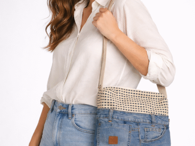 Sac bandoulière jean recyclé & tissu écru carreaux marine – fait main upcycling