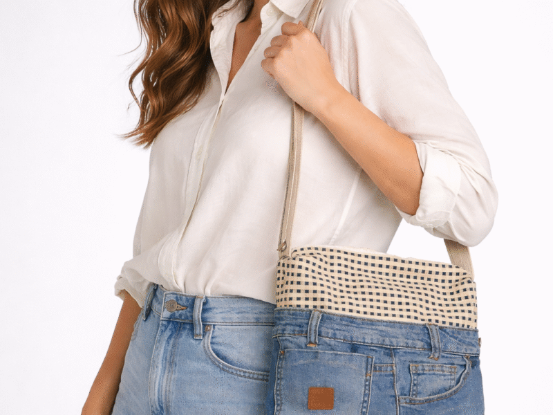 Sac bandoulière jean recyclé & tissu écru carreaux marine – fait main upcycling