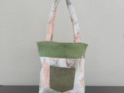 Sac cabas tapisserie fleurie & poche jean vert