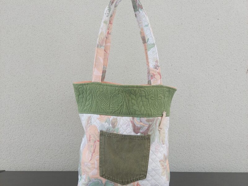 Sac cabas tapisserie fleurie & poche jean vert