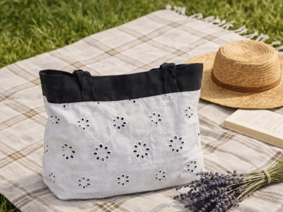 Sac cabas broderie anglaise et jean noir upcyclé