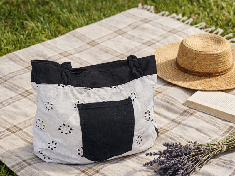 Sac cabas broderie anglaise et jean noir upcyclé