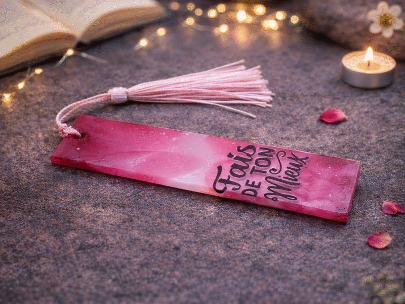 Marque-page en résine – Rose & Blanc avec inscription